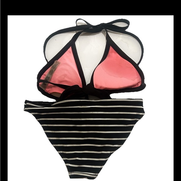 VINTAGE Victoria's Secret PINK Black Wrap Bikini Top & Aerie Striped Bottom XS - Picture 4 of 10